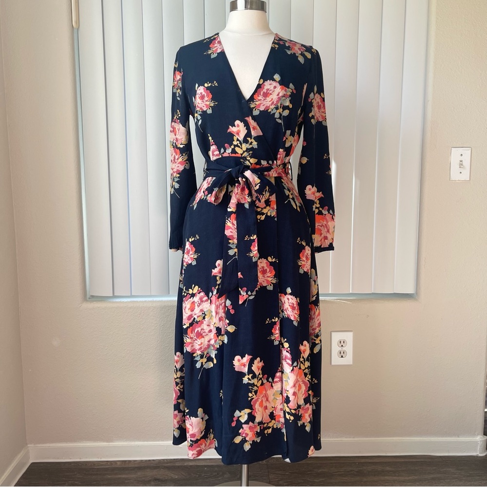 Zara Floral Print Knot Wrap Lined  Flewy Long Sleeve Midi Dress Size: S/M